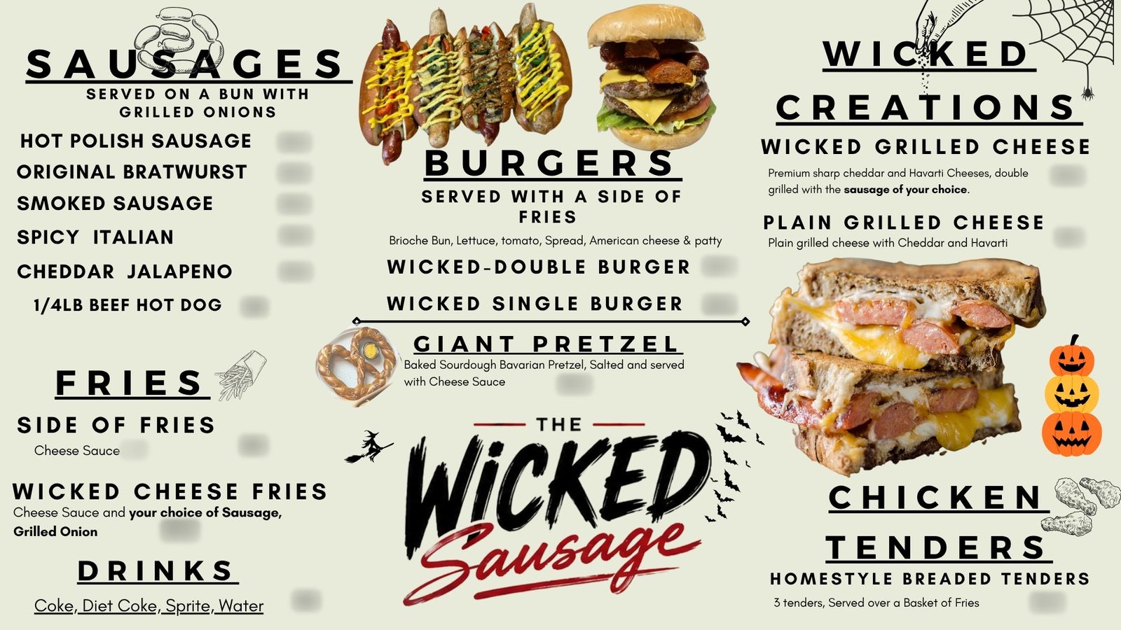 Example of our on-truck TV menu, decorated for Halloween with pumpkins, bats and a witch, listing sausages, burgers, giant pretzel, fries, drinks, Wicked Creations and chicken tenders